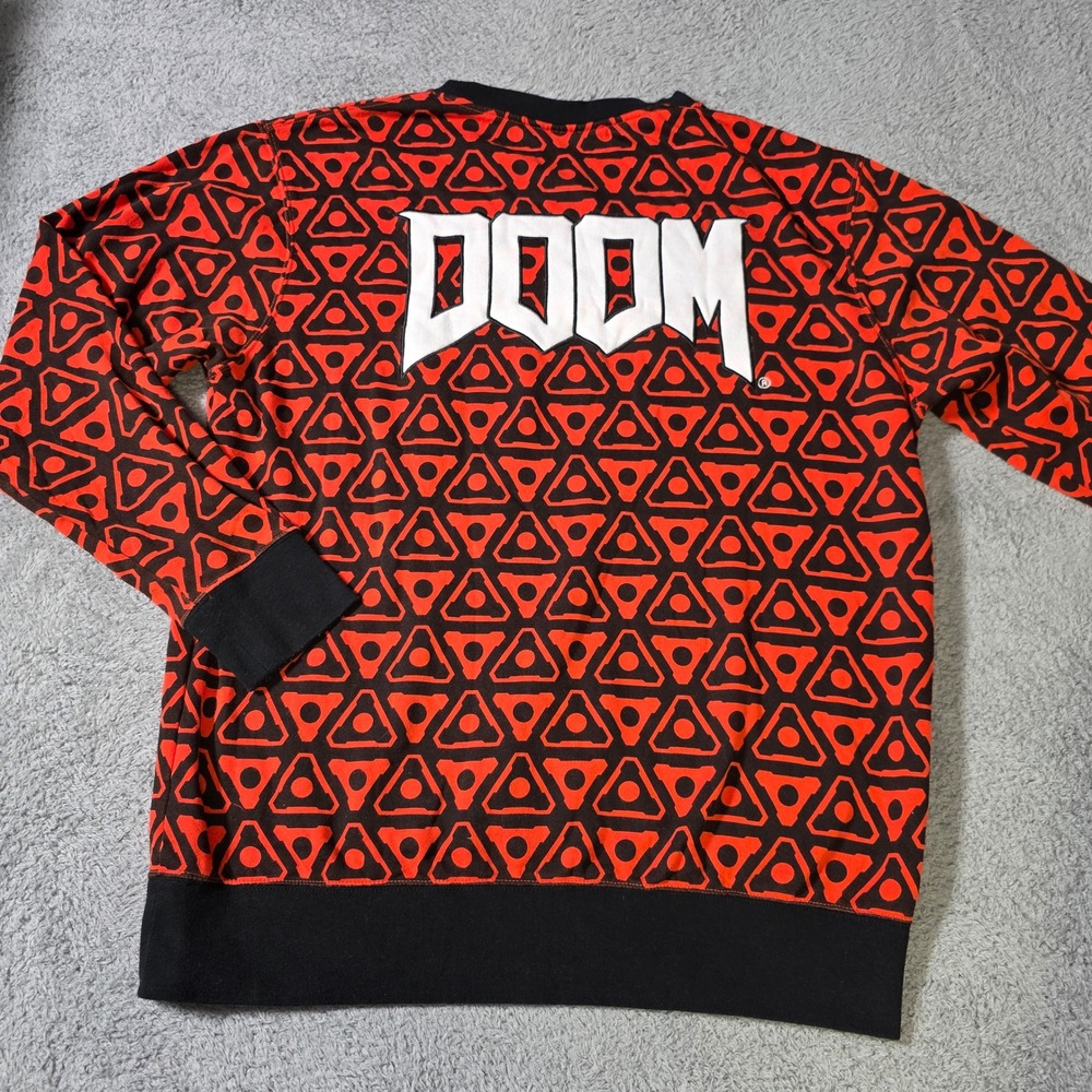Bethesda Mens XL DOOM Sweatshirt Red Black All Over Print UAC Logo Crewneck